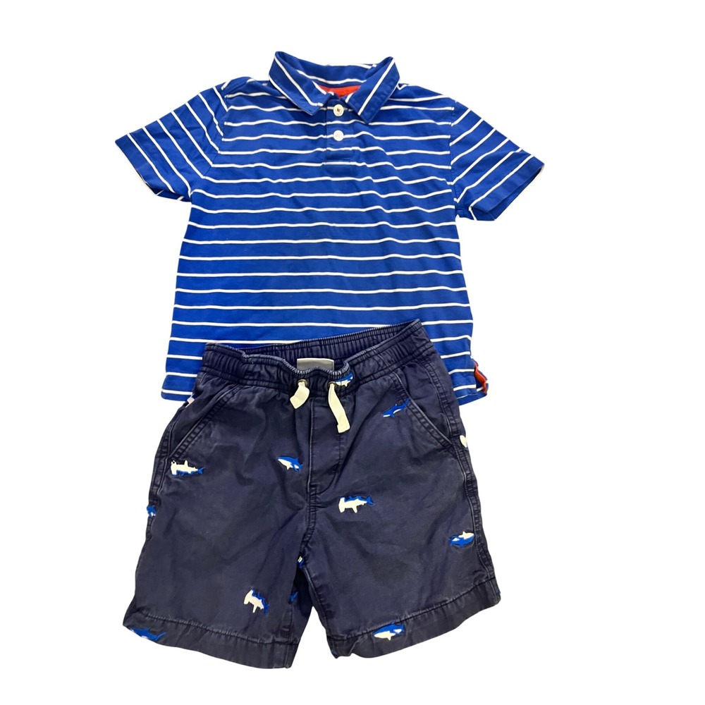 Hanna Andersson Boys Blue White Striped Polo Shark Embroidered Shorts Set Size 5